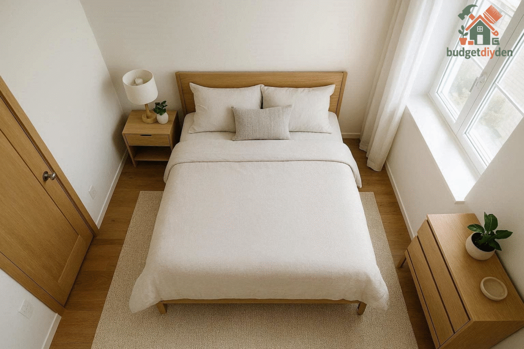 Well-arranged small bedroom layout with optimized furniture placement and efficient use of limited floor space.