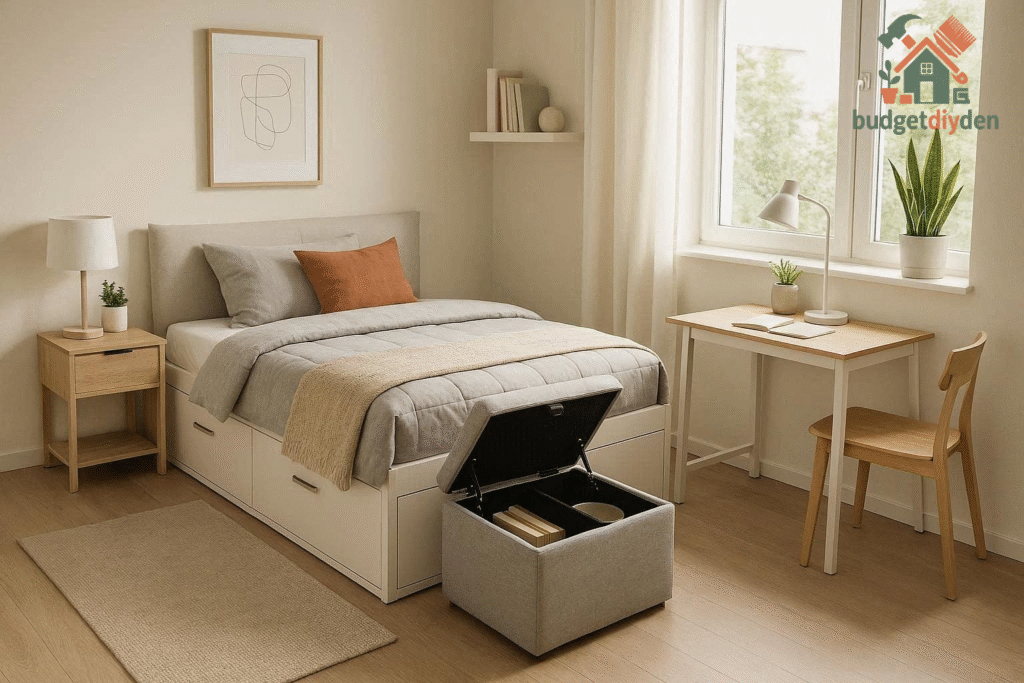 Small bedroom featuring multifunctional furniture, including a bed with storage drawers and a compact side table.