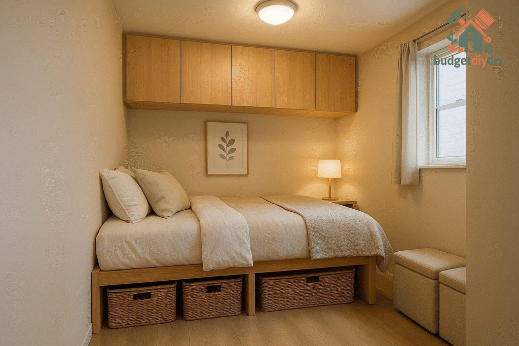 Small bedroom with under-bed storage boxes and concealed compartments for clutter-free organization.