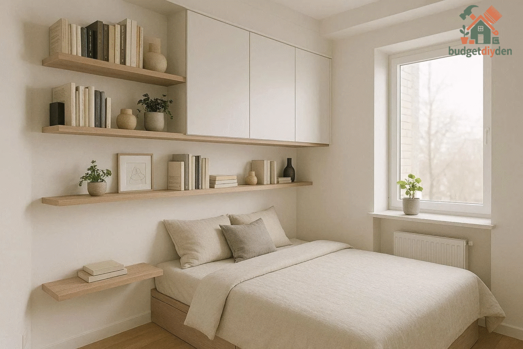 Built-in fitted wardrobe with sliding doors designed to save space in a modern small bedroom.