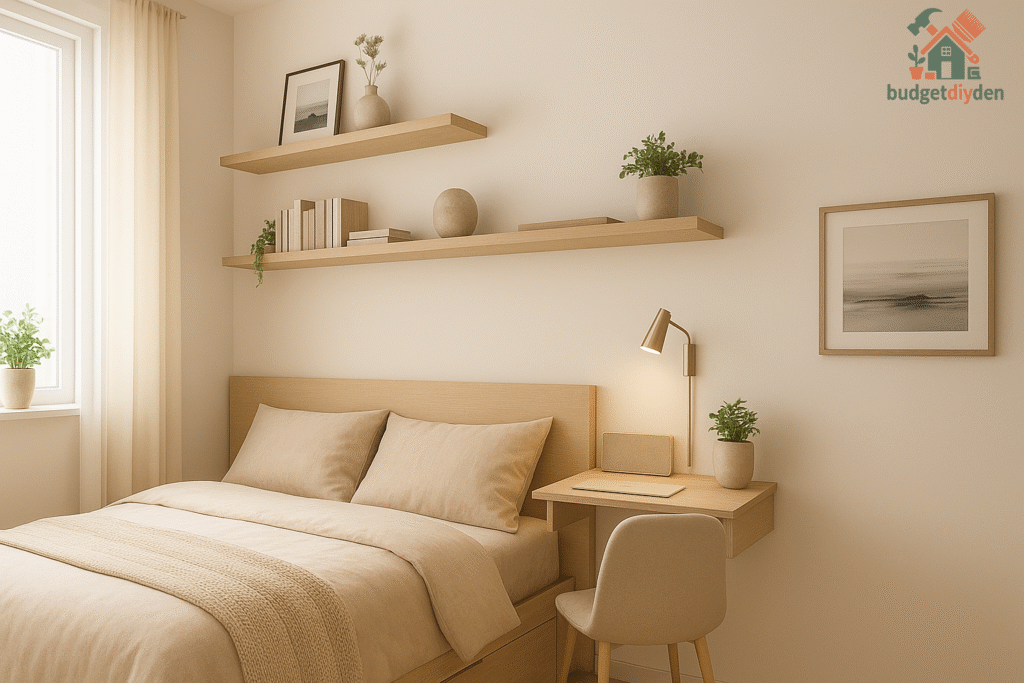 Floating shelves and overhead storage installed above the bed in a small bedroom for maximized vertical space.