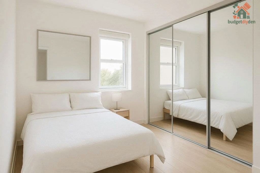 Large wall mirror reflecting natural light in a small bedroom to create a spacious, airy feel.