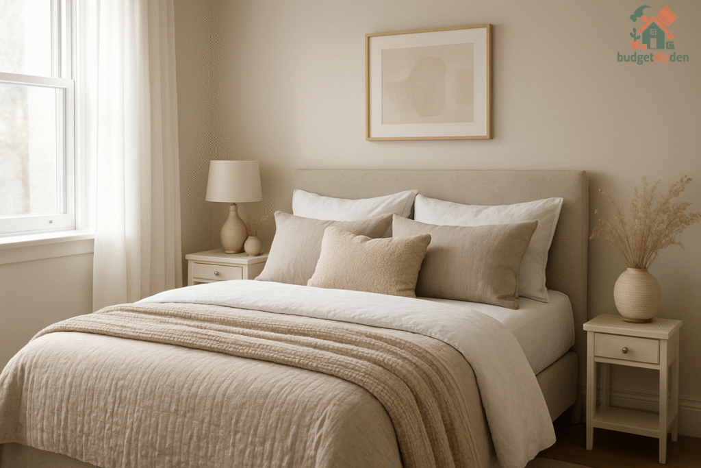 Small bedroom with soft neutral colour tones that make the space look larger and more inviting.