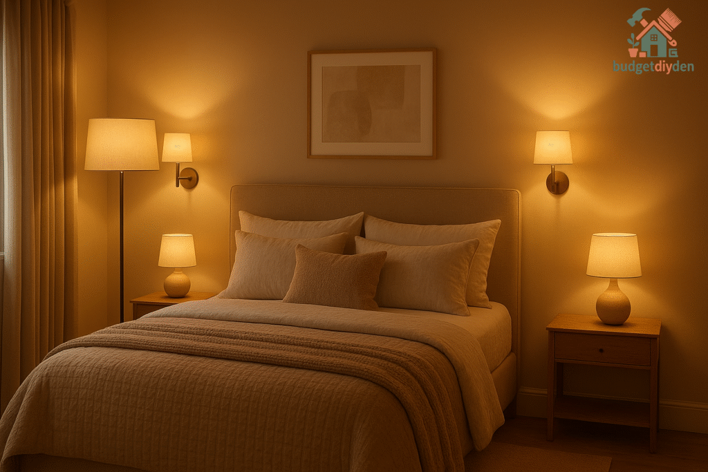 Small bedroom featuring layered lighting with bedside lamps, ceiling lights, and soft accent illumination.