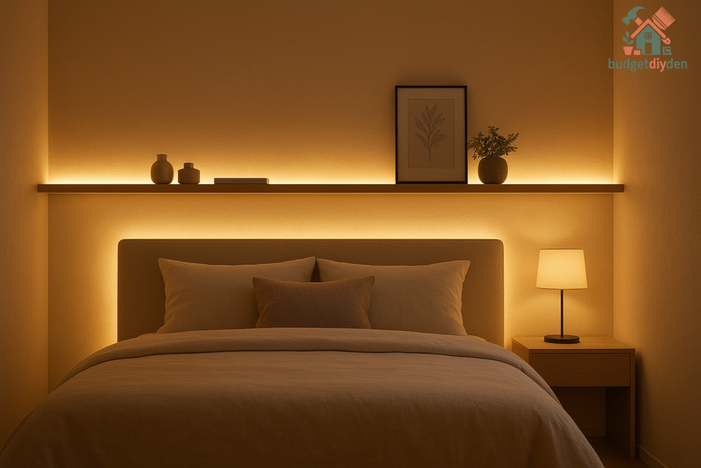 Modern small bedroom with LED strip lights installed under shelves and around the headboard.