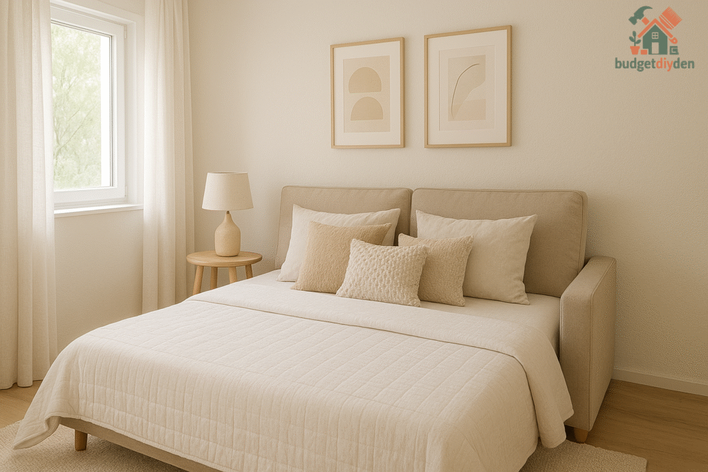 Dual-purpose small guest bedroom featuring a sofa bed and multipurpose storage furniture