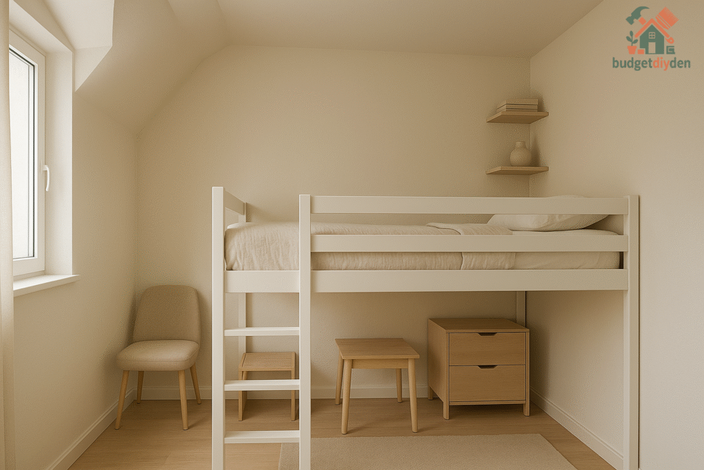 Small bedroom with clever storage built into awkward corners and low-ceiling areas