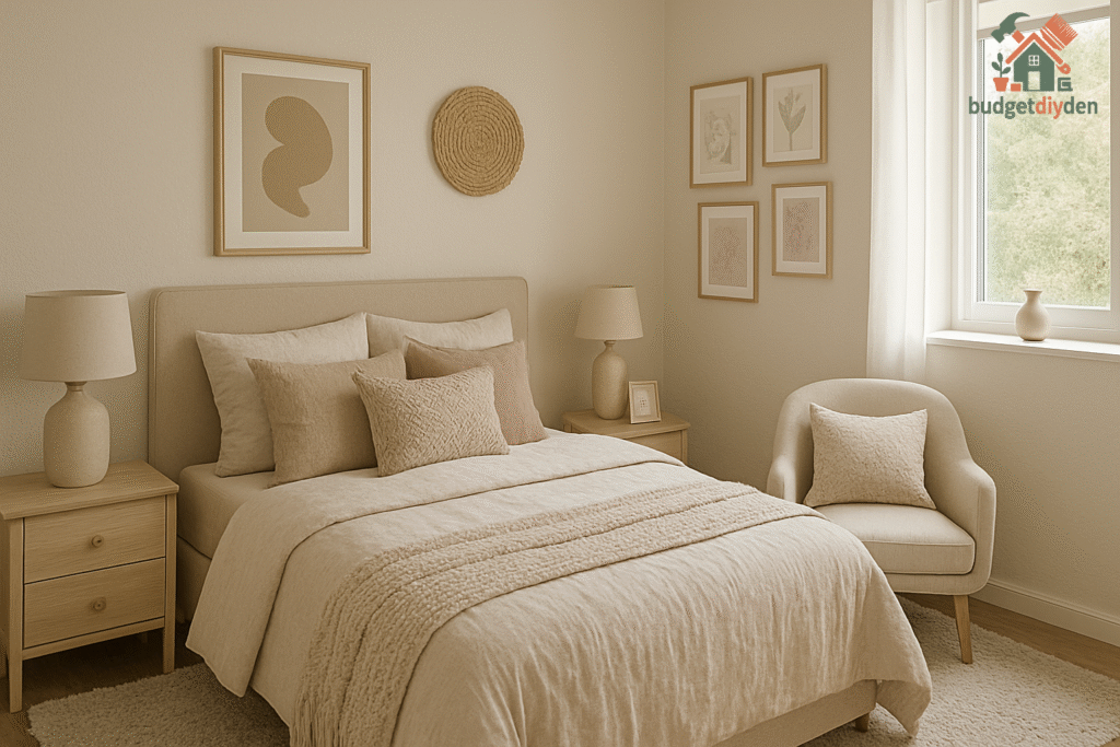 Small bedroom styled with cozy soft furnishings, framed art, and personalized décor accents.