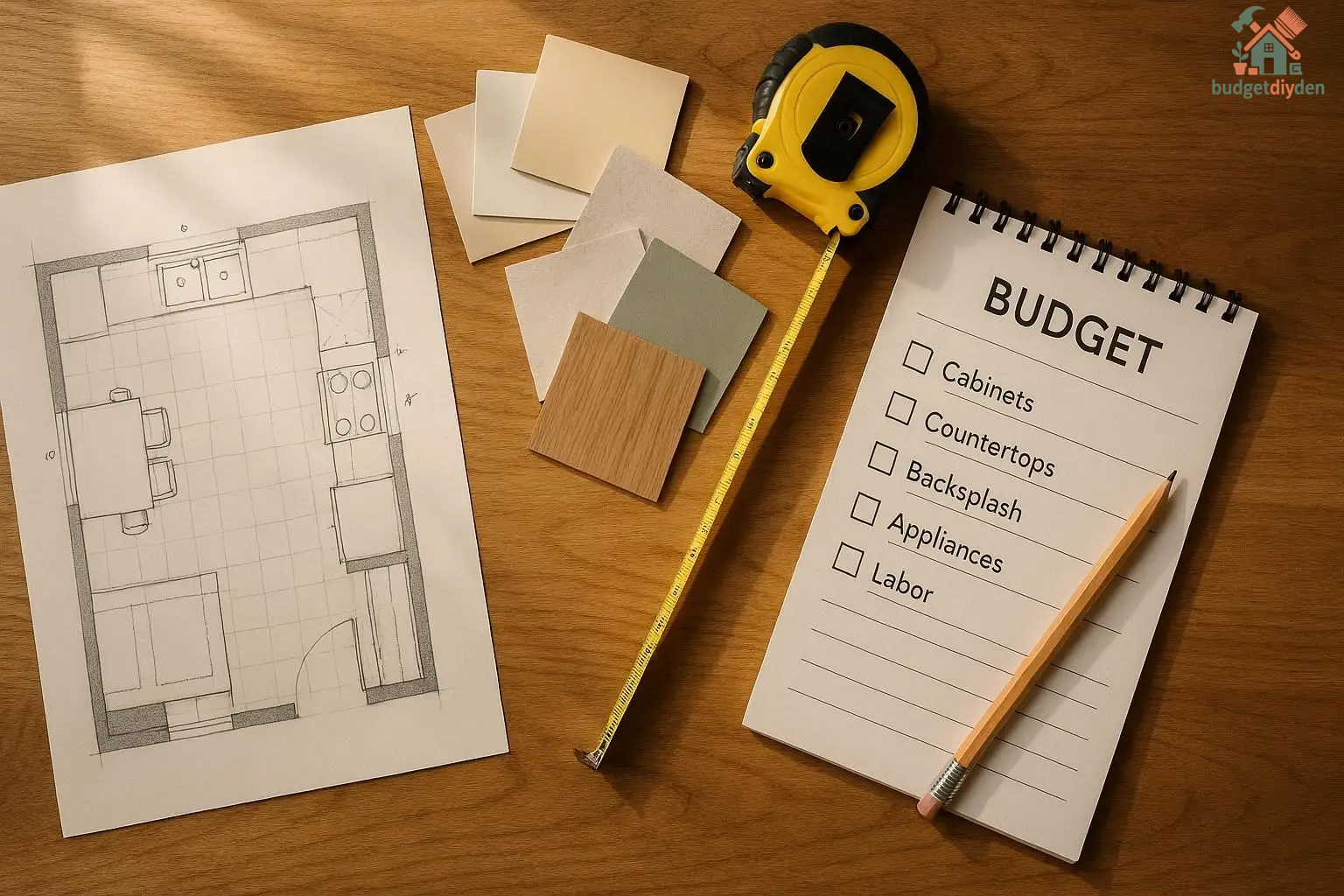 "Kitchen renovation planning layout with measurements, budget notes, and space-saving appliance choices.