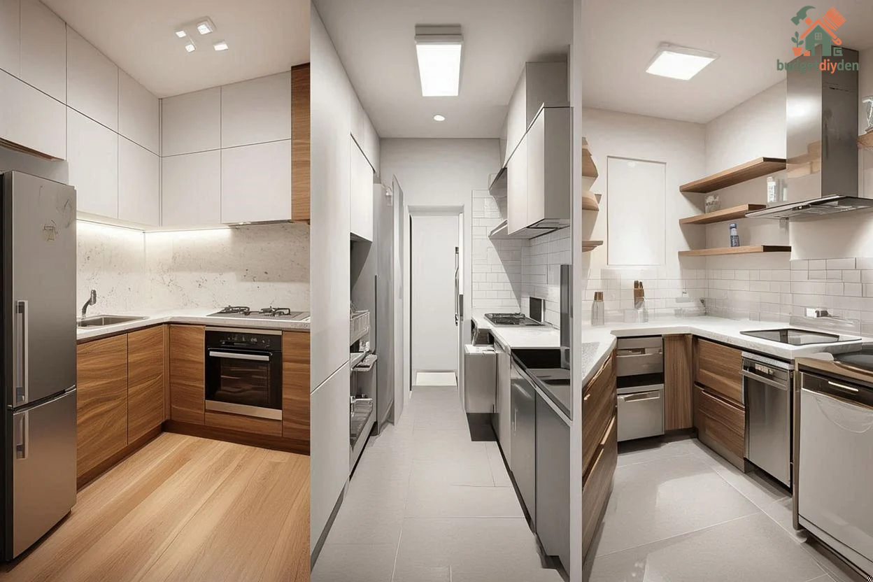 Efficient small kitchen layout with L-shaped counters and smart use of limited floor space.