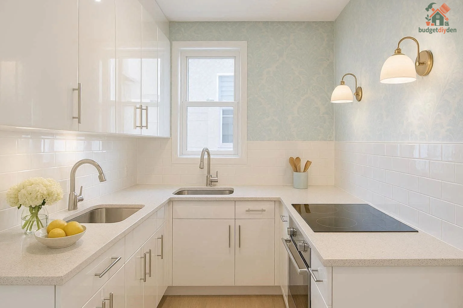 Small kitchen decorated with white and light-color cabinets to make the space appear larger.