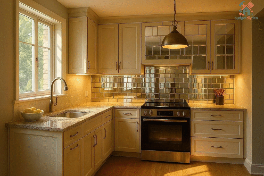 Bright kitchen with natural sunlight, under-cabinet lights, and layered lighting fixtures.