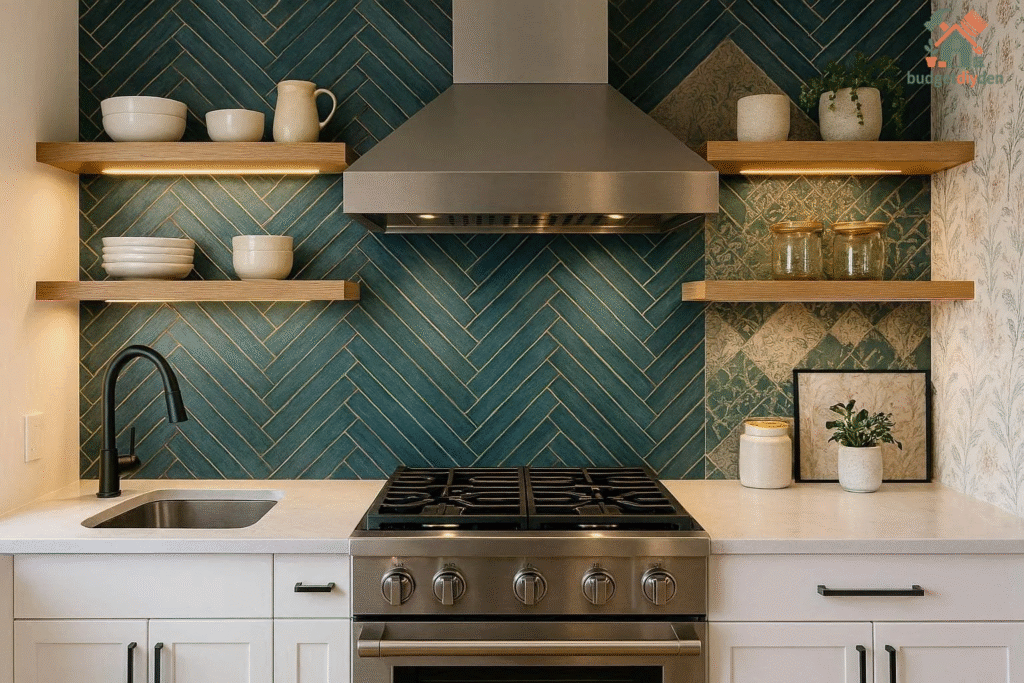 Small kitchen with a modern textured backsplash adding color and visual interest.
