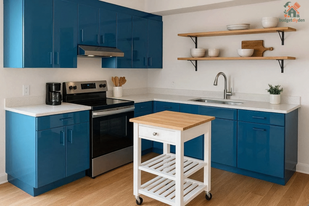 Painted kitchen cabinets and rearranged open shelves showing budget-friendly renovation ideas.