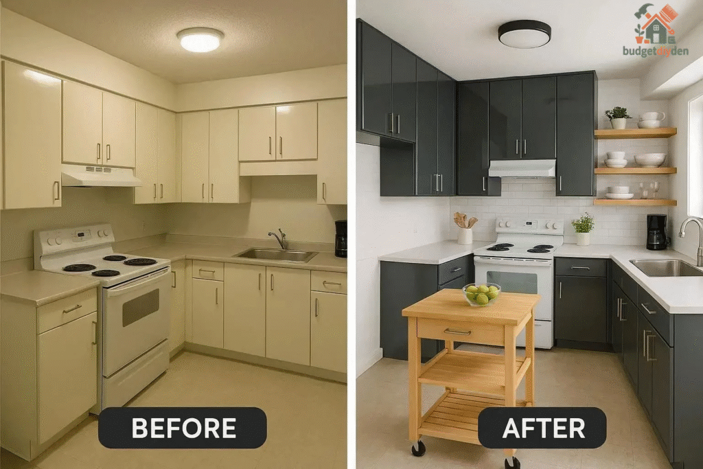 Laminate and butcher block countertops displayed in a modern small kitchen setting.