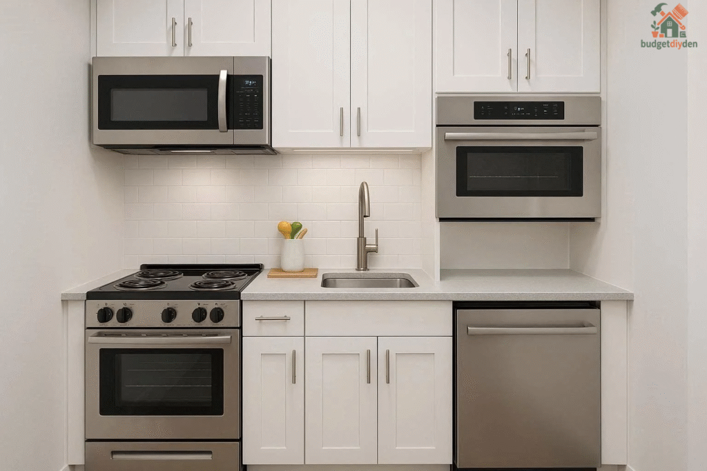 Compact stainless-steel appliances and a 24-inch range for small kitchen efficiency.