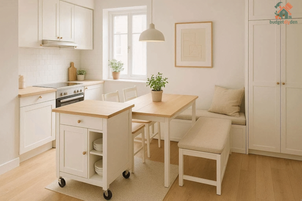 Convertible kitchen island with storage and extendable table for multifunctional use.