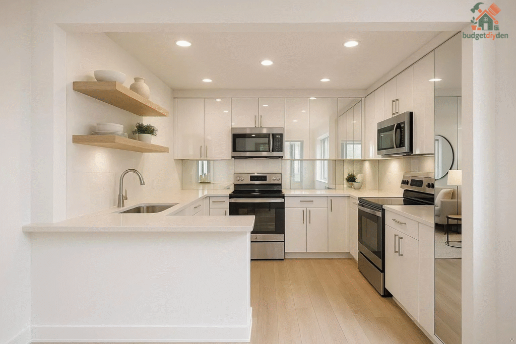 Open-concept small kitchen with removed wall, bright lighting, and floating shelves.