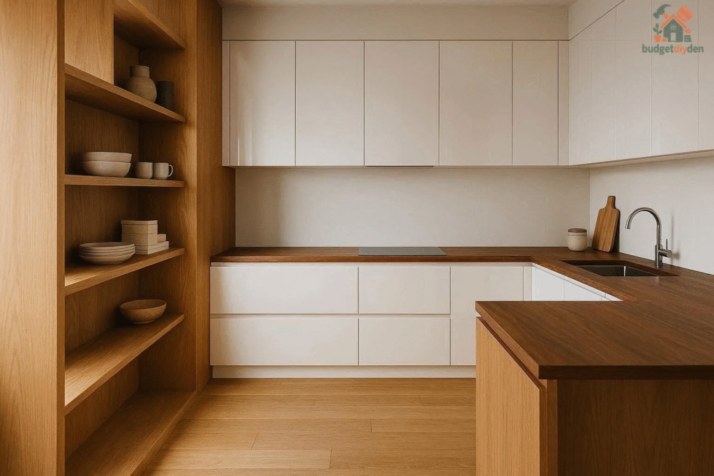 Warm wood shelves and light oak finishes creating a natural look in a small kitchen.