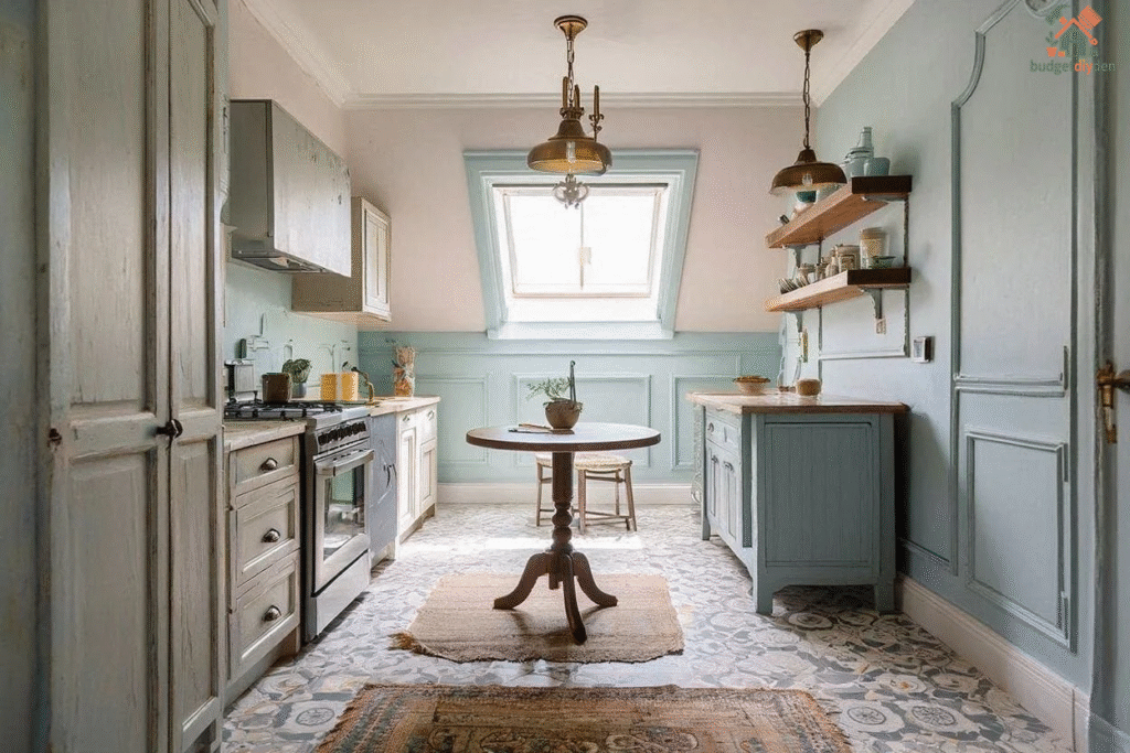 Vintage Parisian-inspired small kitchen with brass fixtures and patterned tile.
