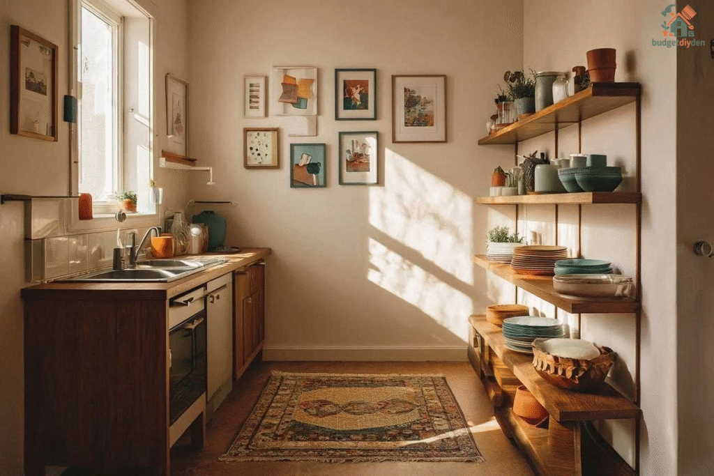 Small kitchen decorated with framed artwork and a cozy patterned rug for added style.