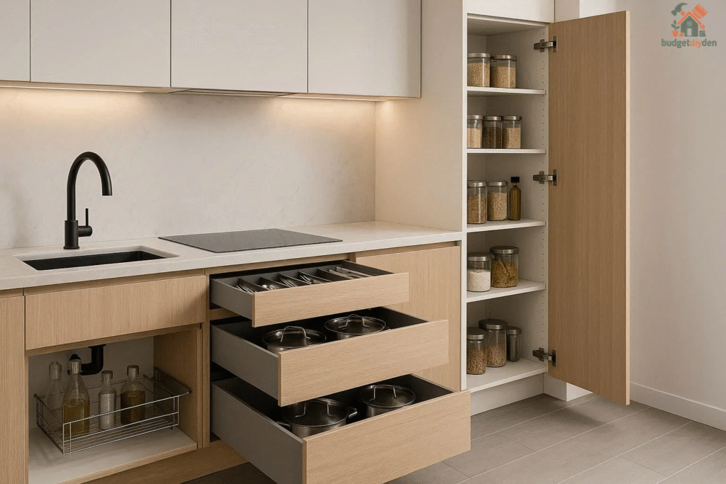 Minimalist small kitchen with hidden storage cabinets and clean, clutter-free design."