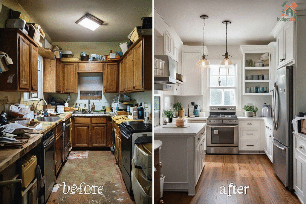 Before-and-after comparison of a small kitchen transformation with improved lighting and storage.