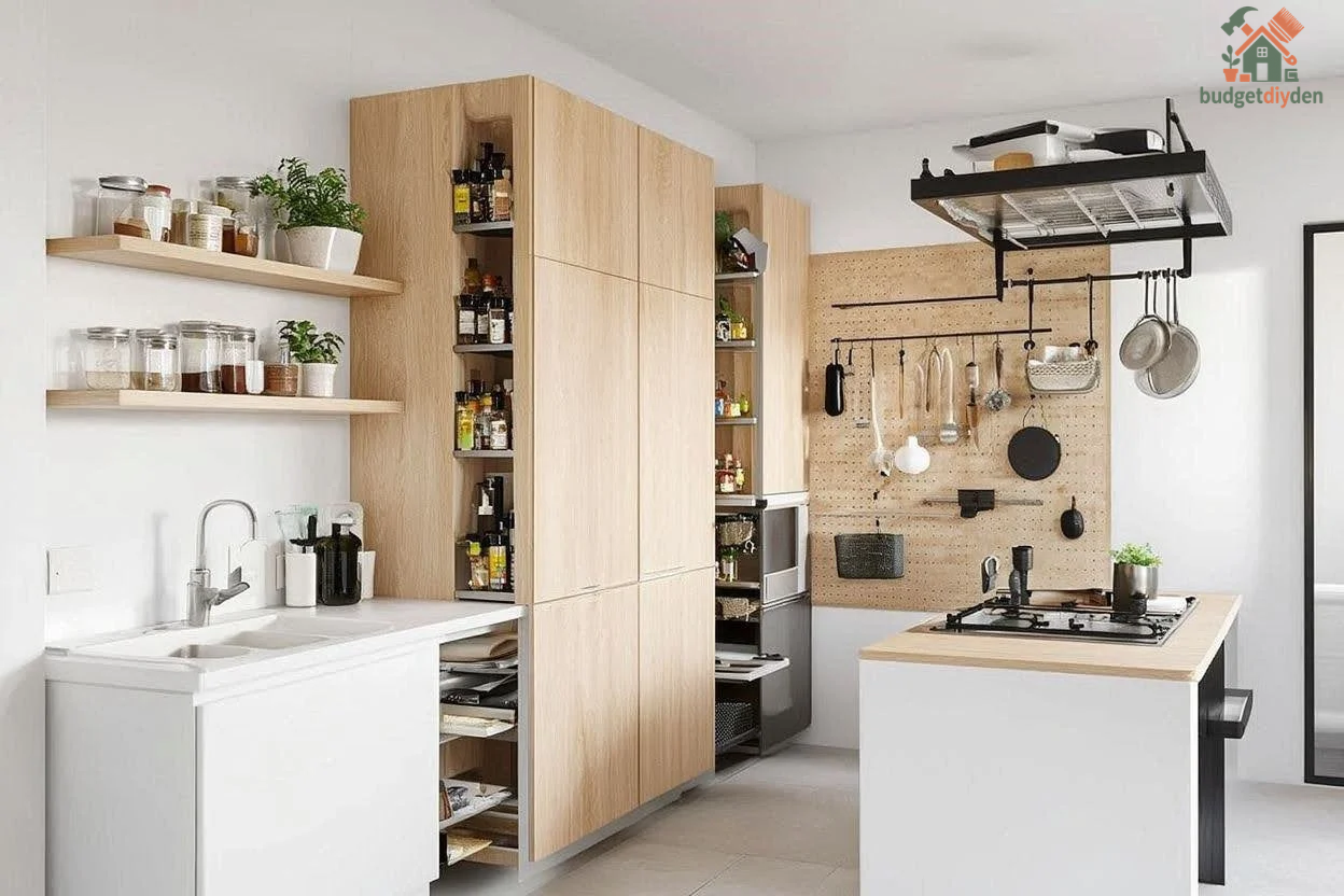 Pegboard wall, hanging rods, and compact shelves showing space-saving kitchen storage ideas.