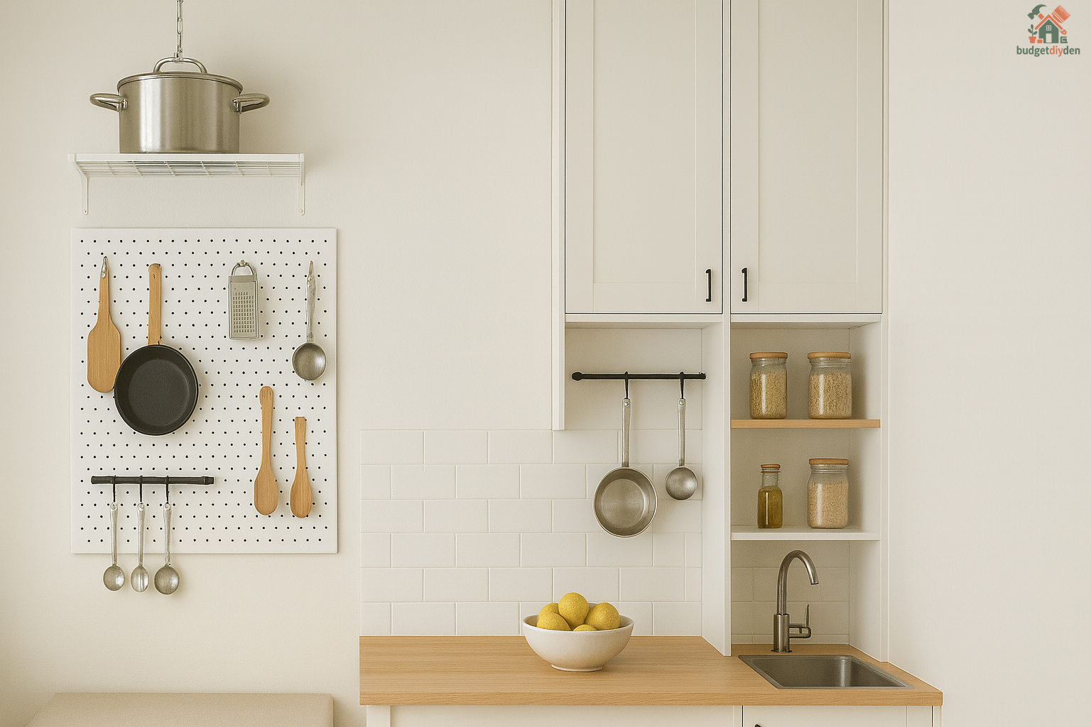 Tall kitchen cabinets and floating shelves maximizing vertical storage in a small kitchen.