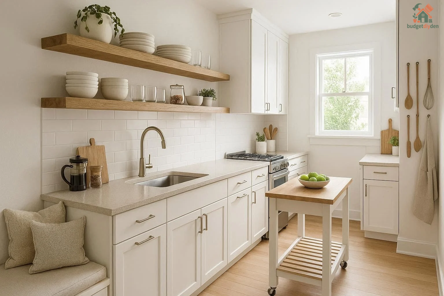 Small kitchen featuring floating shelves, compact cabinets, and upgraded storage solutions for better organization.