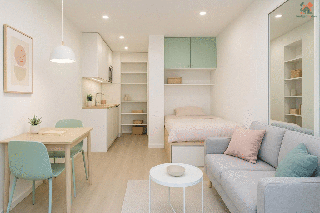 Small apartment renovation with bright airy interior, minimal furniture, and organized multi-purpose layout.
