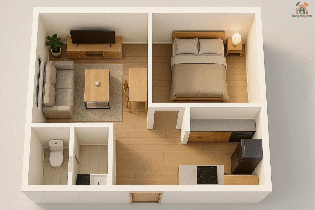 Smart small apartment layout showing defined zones for living, dining, and sleeping in an open-concept space.