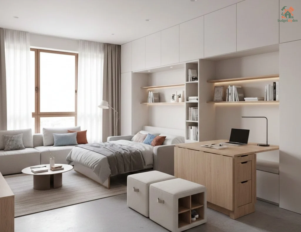 Small studio apartment with multifunctional furniture like a sofa bed and foldable dining desk