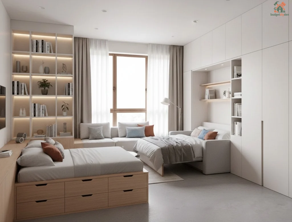 Compact apartment featuring built-in wall shelving, platform bed with drawers, and hidden banquette storage.