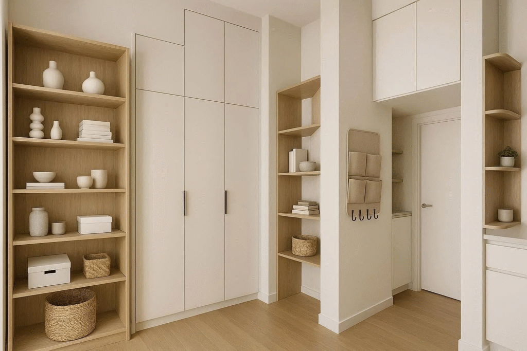 Tall floor-to-ceiling shelves and overhead cabinets maximizing vertical storage in a small apartment.