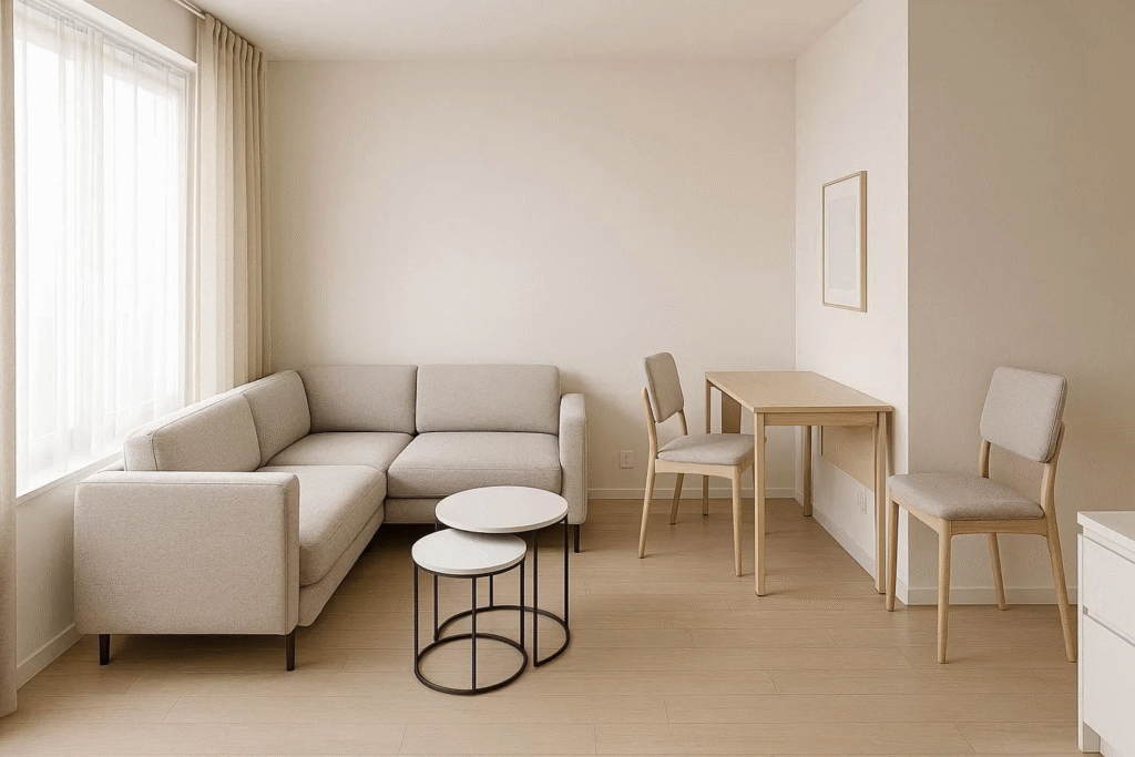 Slim modern furniture and nesting tables arranged to fit small apartments without blocking walking space.