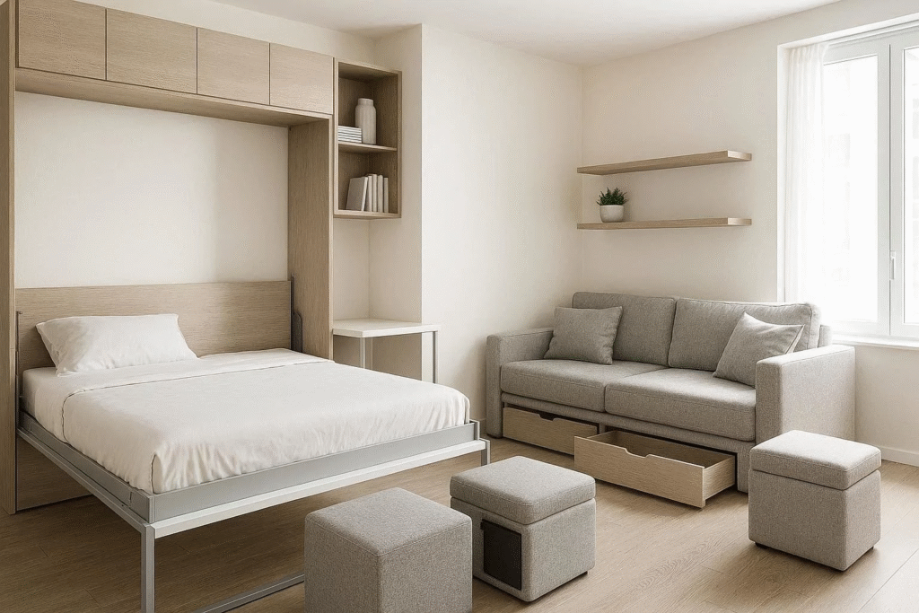 Murphy bed with built-in desk and modular sofa with storage used in a multifunctional small apartment.