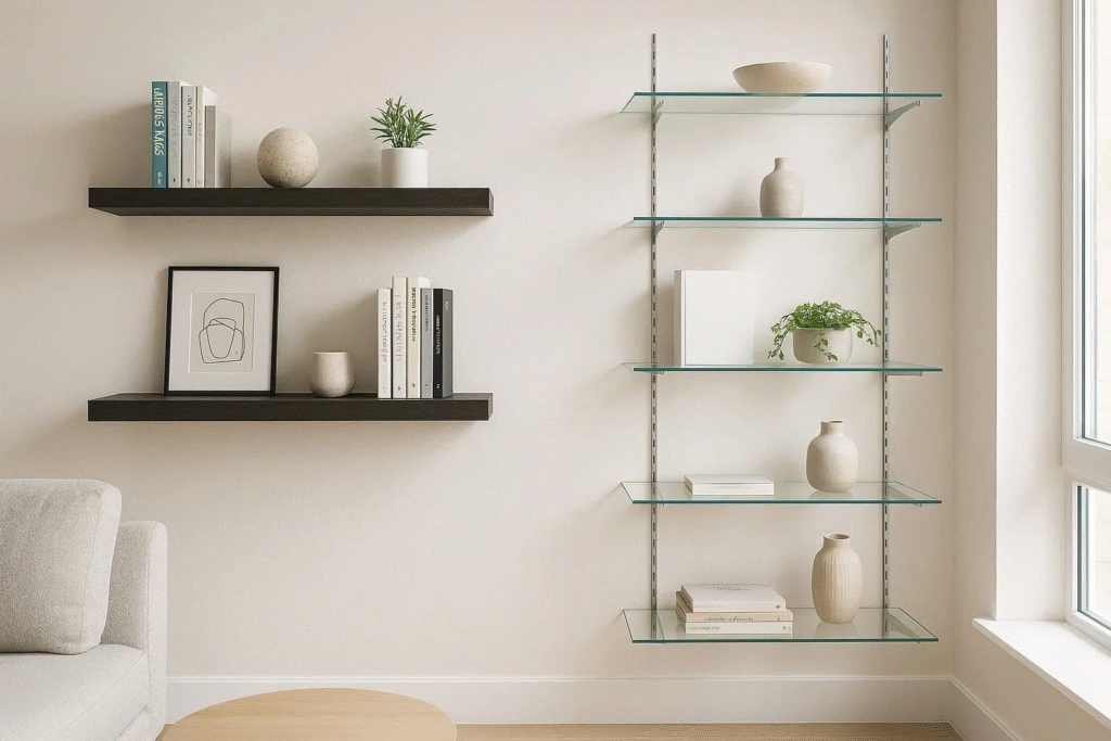 Floating wooden shelves and transparent glass shelving creating open, uncluttered storage in a compact room.