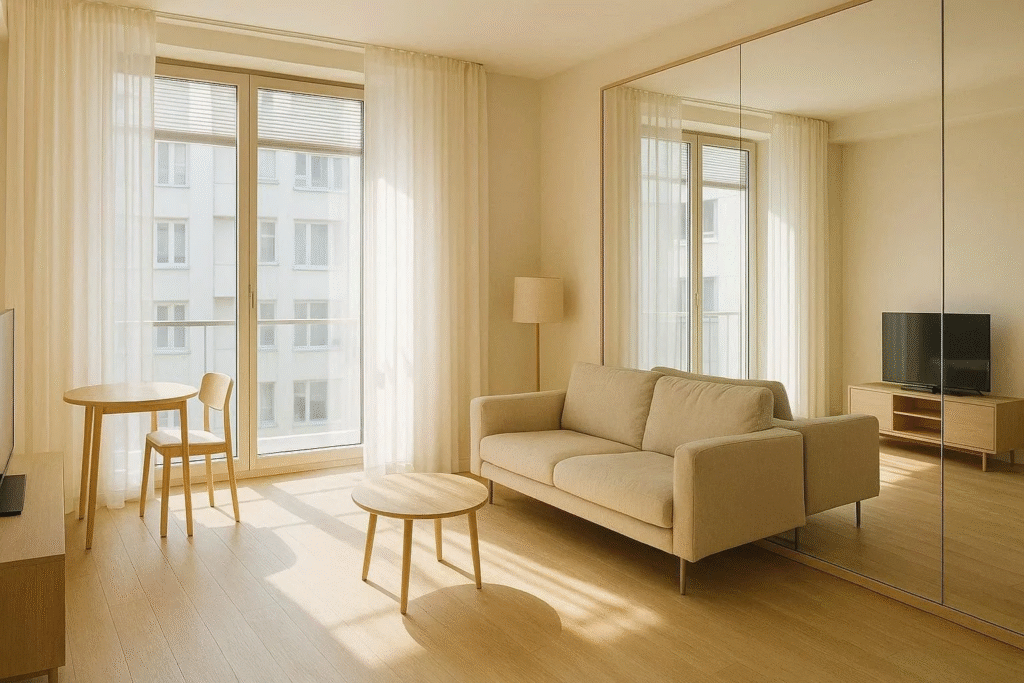 “Large windows with sheer curtains and furniture placed to allow maximum natural sunlight into a small space.