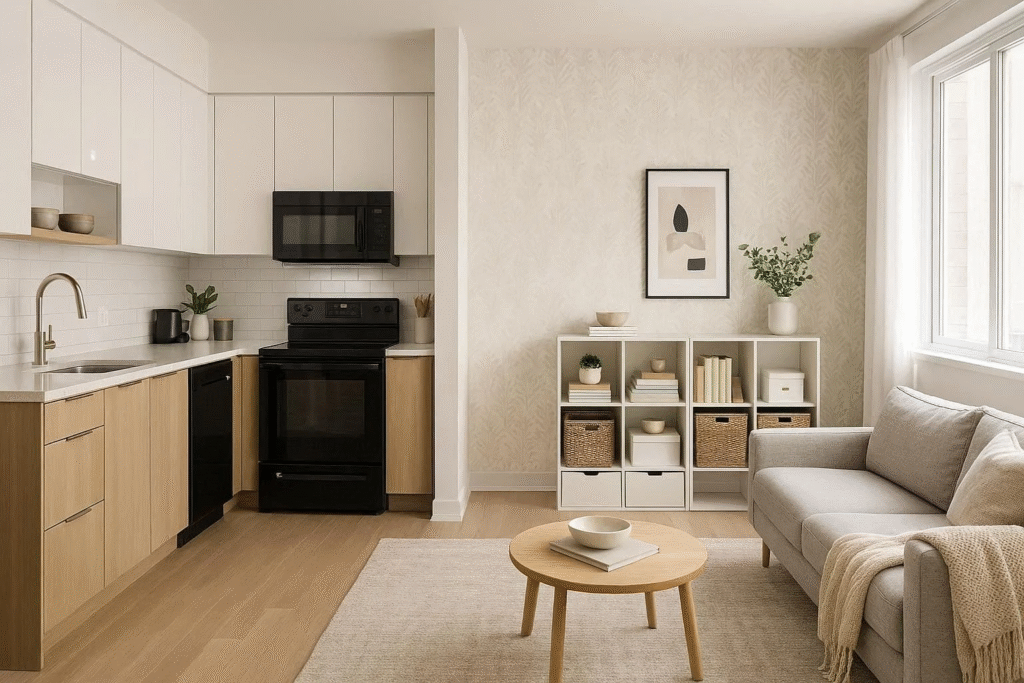 Peel-and-stick backsplash, removable wallpaper, and modular shelves used for renter-friendly apartment upgrades.