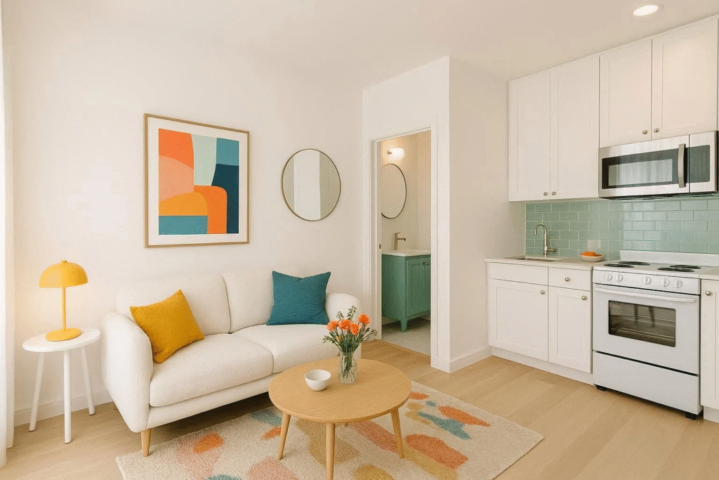 Small apartment interior with white and pastel colors to visually expand the space and keep it bright.