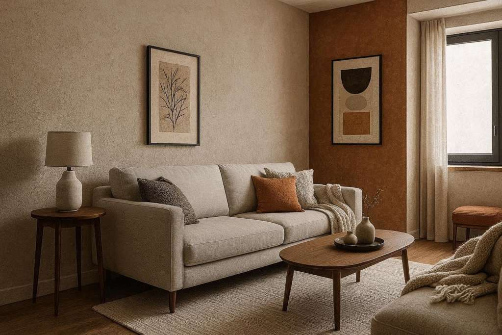 Minimal textured wall, simple decor, and soft textiles adding personality without clutter in a tiny apartment