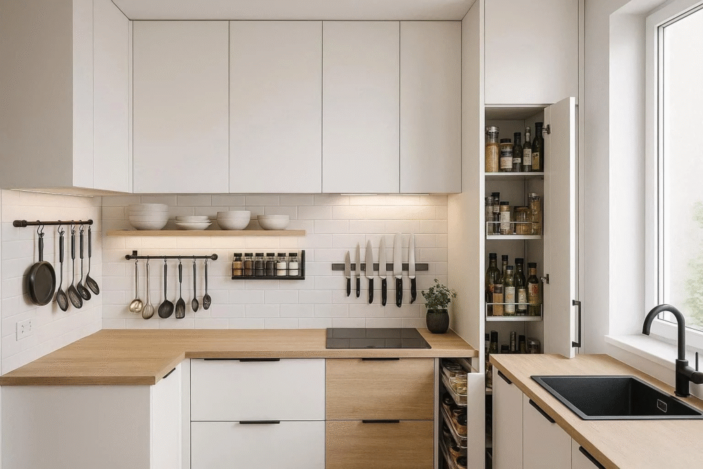 Small kitchen with overhead cabinets, pull-out pantry, floating shelves, and wall-mounted racks for extra storage.