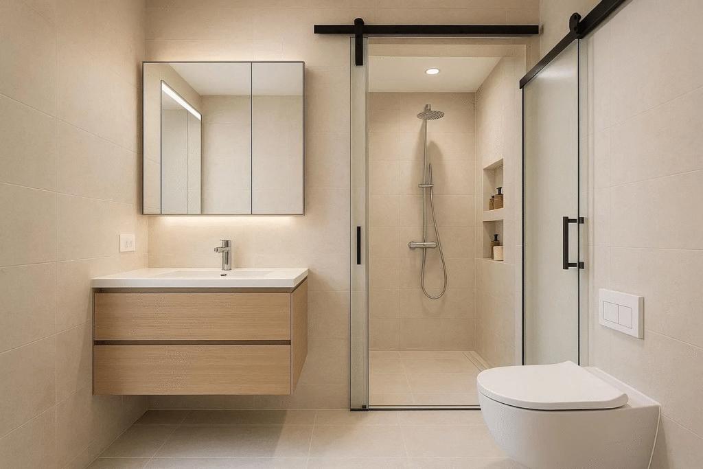 Compact bathroom with floating vanity, glass shower, recessed mirror, and bright tiles for a spacious look.