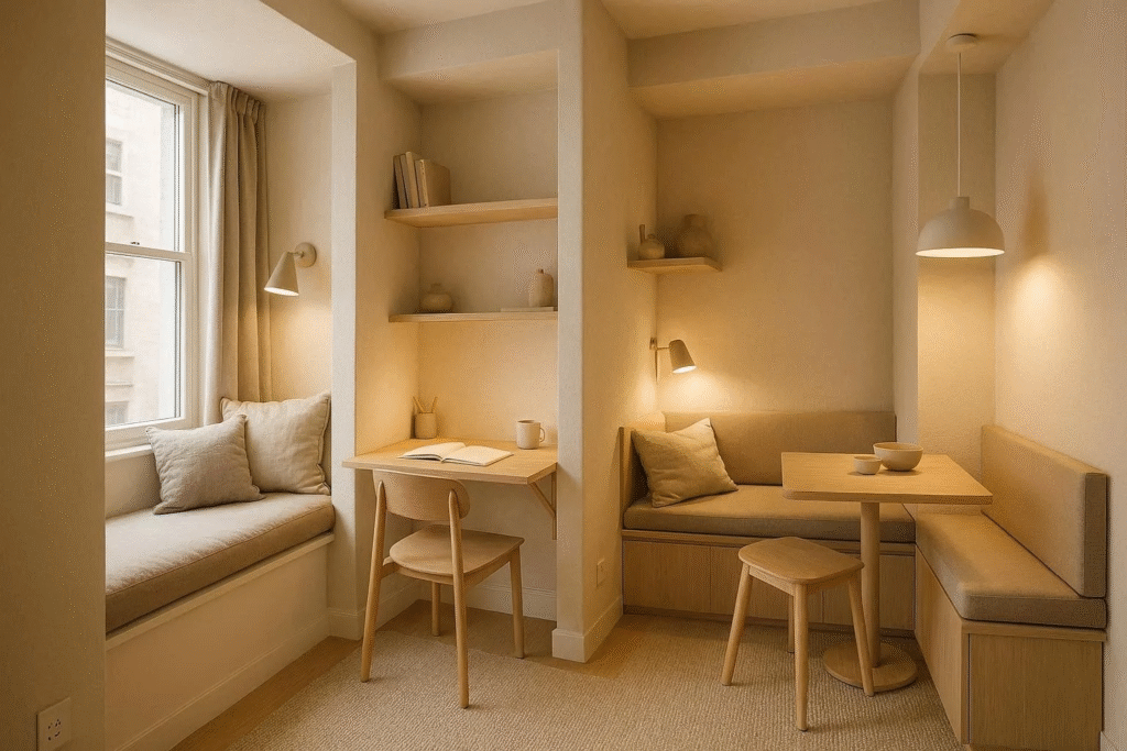 Small reading nook with cushions and a window seat creating a cozy mini-space in a tiny apartment.