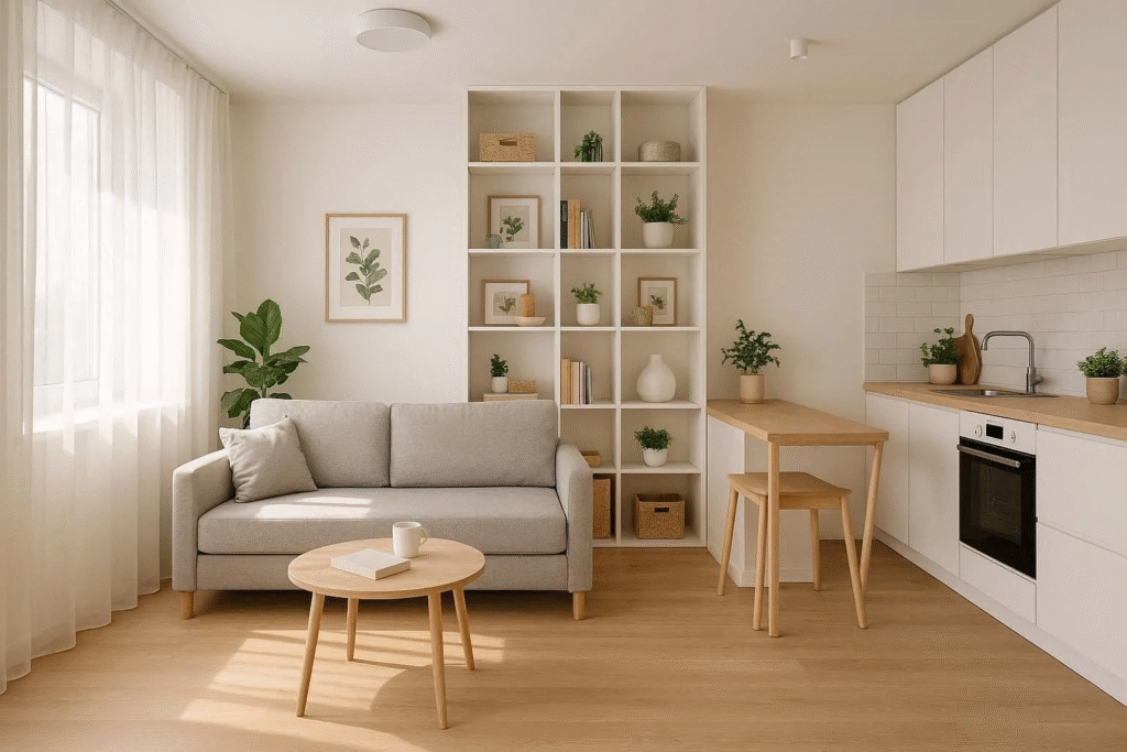 Renovated small apartment featuring bright interiors, multi-purpose furniture, and clever vertical storage solutions.