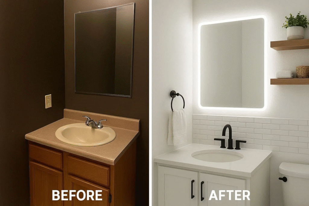 Before-and-after comparison showing a dated bathroom transformed into a modern space with new vanity, framed mirror, floating shelves, and bright lighting.”