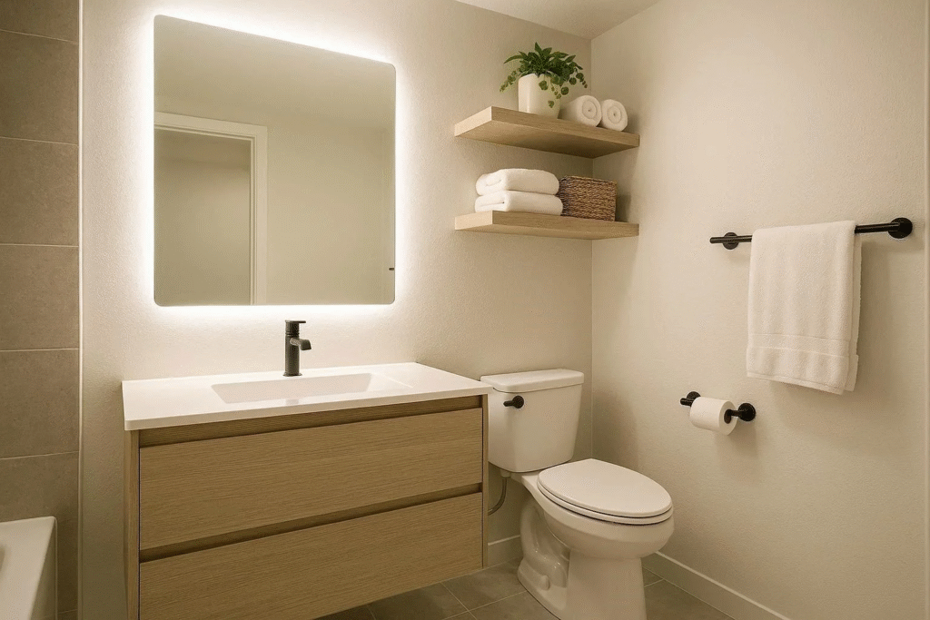 “Small dark bathroom updated with light neutral paint, enhanced lighting, wall-mounted storage, modern fixtures, and peel-and-stick backsplash.”
