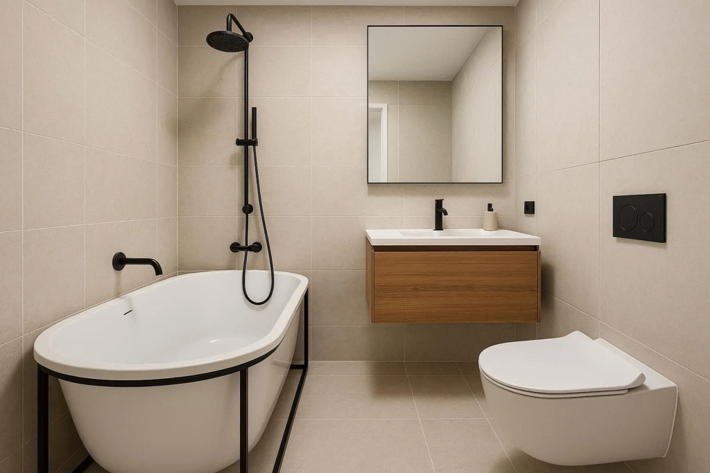 “Functional bathroom layout with optimized placement of vanity, freestanding tub, hidden shelves, and open floor space for improved flow.”
