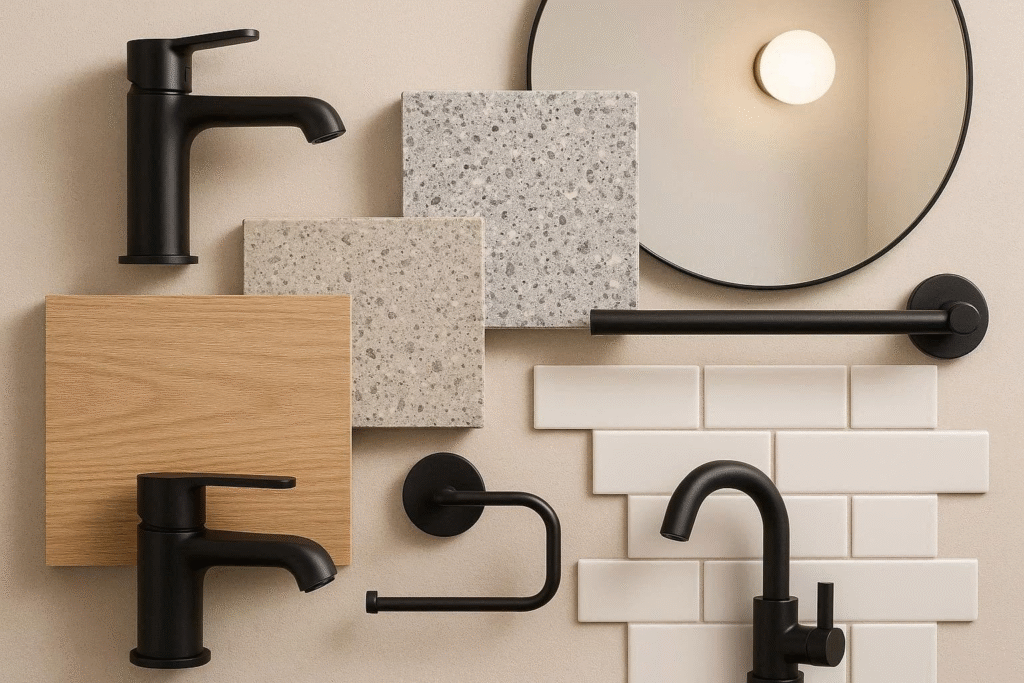 Flat-lay of modern bathroom materials including marble, terrazzo, quartz, laminate countertops, matte black faucets, and eco-friendly tile options.”